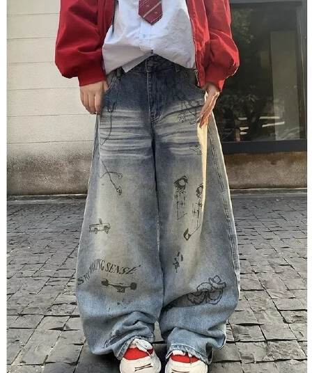워싱 하늘색 수채화 낙서 모통이 칼 청바지 디자인 센스 프로필 모양 주름 고양이 반드시 아메리칸 넓은 다리 바닥 청소 바지