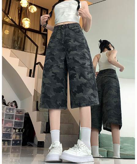 아메리칸 카모플라주 넓은 다리 데님 7부 바지 여성 봄 여름 새로운 하이웨이스트 캐주얼 슬림해 보이는 워크웨어 스트레이트 7부 바지