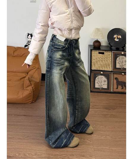 작은 키 2026 아메리칸 레트로 워싱 마 오래된 모통이 칼 넓은 다리 청바지 여성 하이웨이스트 루즈핏 스트레이트 바닥 청소 바지