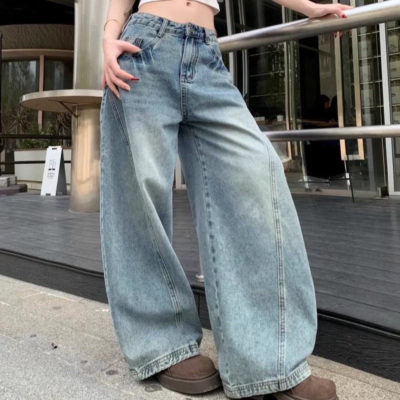 아메리칸 레트로 워싱 루즈핏 넓은 다리 높음 거리 디자인 센스 모통이 칼 청바지 남녀 작은 대중 캐주얼 낫 바지