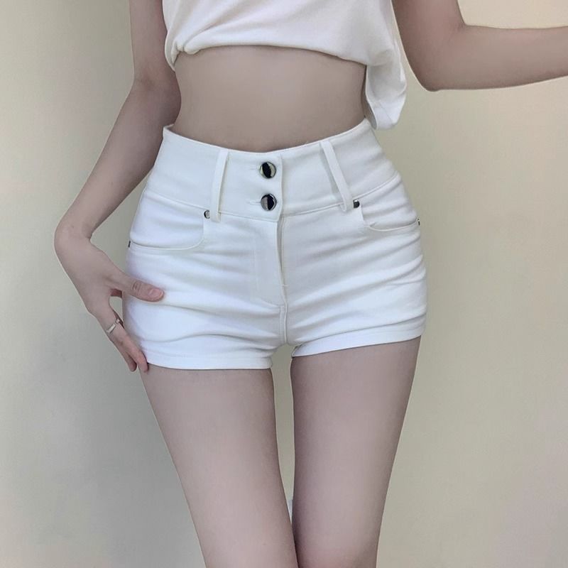 아메리칸 달콤한 매운맛 작은 대중 단추 슬림해 보이는 타이트 다용도 섹시함 워싱 로우 웨이스트 초단바지 데님 넓은 다리 핫 바지