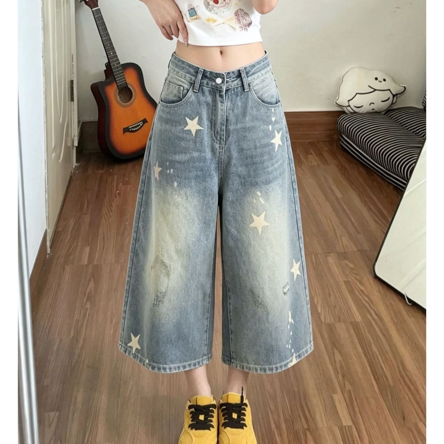 데님 반바지 여성 여름 새로운 아메리칸 레트로 마 오래된 별 프린트 루즈핏 슬림해 보이는 빅 사이즈 슈퍼 화재 7부 바지