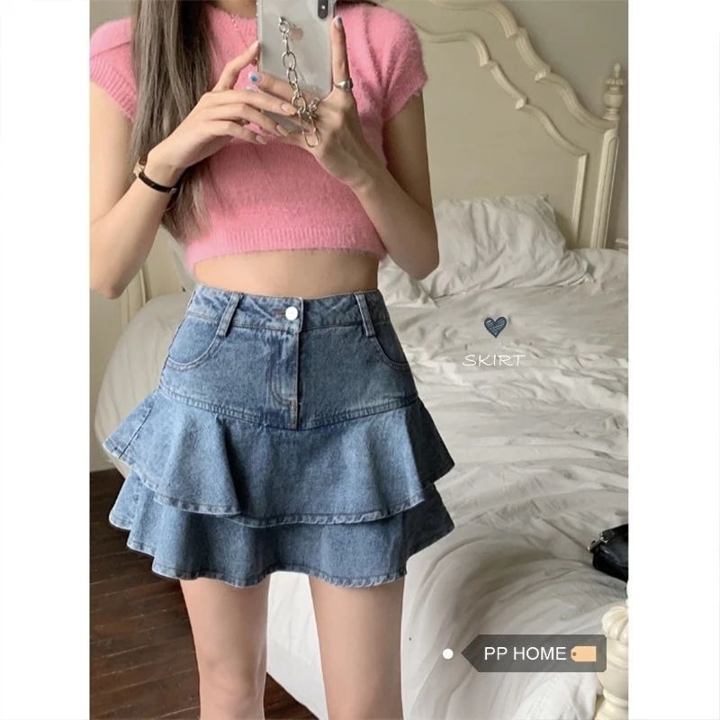 여름 작은 청신 매우 매운맛 또한 매우 달콤한 일본식 수렴성의 골짜기 핫걸 이중층 프릴 하이웨이스트 미니 데님 미니 스커트
