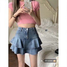 批发夏日小清新很辣也很甜日系涩谷辣妹双层荷叶边高腰迷你牛仔短裙