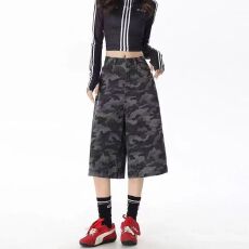 批发原宿风潮流街头迷彩阔腿牛仔七分裤<b class='q'>女</b>春夏季款通勤工装直筒七分裤