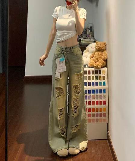 레트로 아메리칸 찢어진 부분 스트레이트 청바지 작은 키 여름 새로운 하이웨이스트 슬림해 보이는 루즈핏 바닥 청소 긴 바지