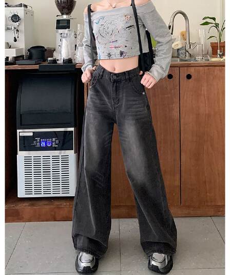 캐주얼 개성 다용도 넓은 다리 청바지 여성 봄과 가을 하이웨이스트 루즈핏 도루 센스 슬림해 보이는 한국 스타일 바닥 청소 청바지