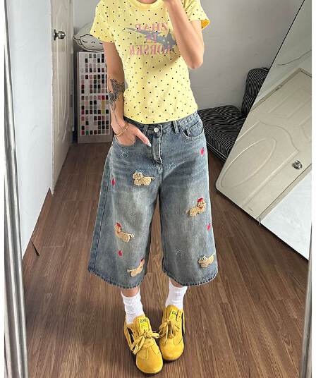 ins 트렌디 재미있는 강아지 자수 7 점 스트레이트 청바지 여성 봄 여름 새로운 작은 대중 스트레이트 데님 7부 바지