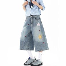 批发街头个性星星贴布印花牛仔七分牛仔裤女<b class='q'>春</b>夏季新款宽松直筒七分裤