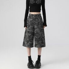 批发街头原宿风百搭迷彩阔腿牛仔七分裤女<b class='q'>春</b>夏通勤工装直筒牛仔七分裤