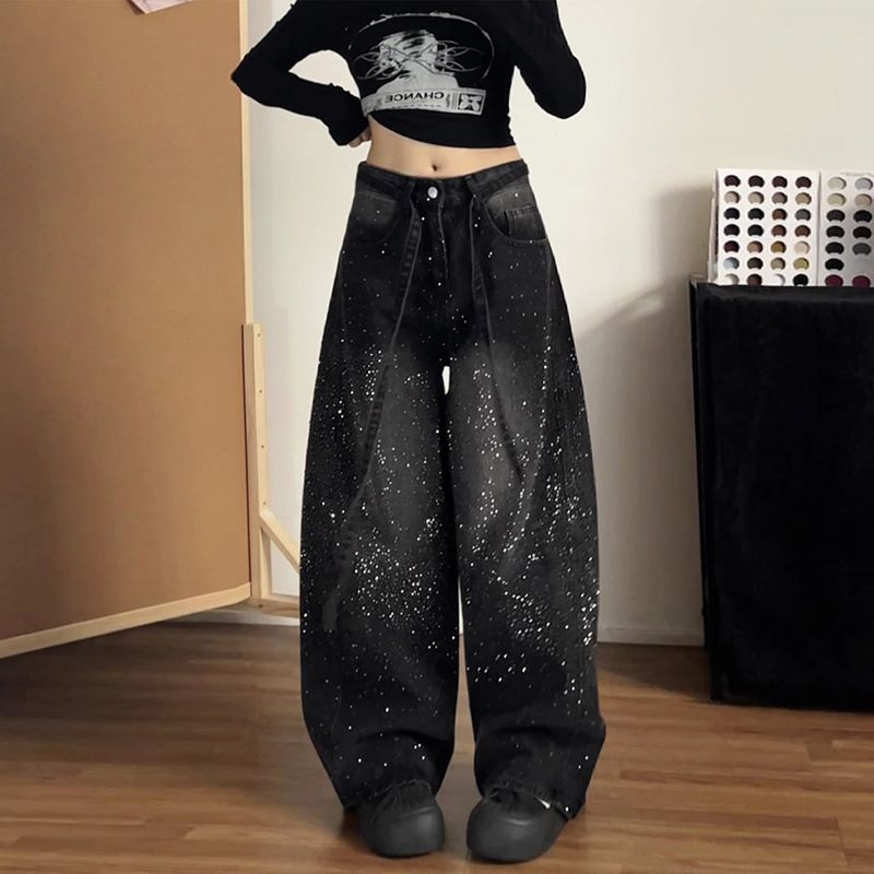 웃음 하 거리 핫픽스 패치워크 넓은 다리 청바지 아이들 봄 가을 새로운 루즈핏 슬림해 보이는 바닥 청소 청바지