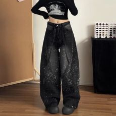 批发嘻哈街头烫钻拼接阔腿牛仔裤子女<b class='q'>春</b>秋季新款宽松显瘦拖地牛仔裤