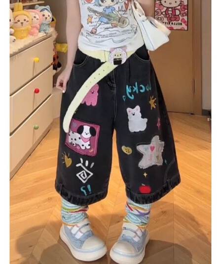 높음 거리 아메리칸 재미있는 만화 패치 자수 표지 고기 청바지 여성 여름 2026 루즈핏 넓은 다리 7부 바지 트렌디