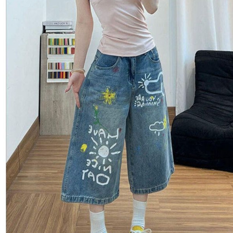 출퇴근 중성 개성 데님 7부 바지 여성 봄 여름 새로운 워싱 디스플레이 높음 다용도 루즈핏 넓은 다리 청바지