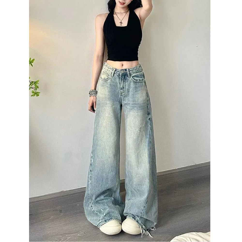 키 큰 남자 봄 새로운 파란색 루즈핏 청바지 여성 한국 스타일 좁은 에디션 워싱 마 오래된 슬림해 보이는 넓은 다리 바닥 청소 바지