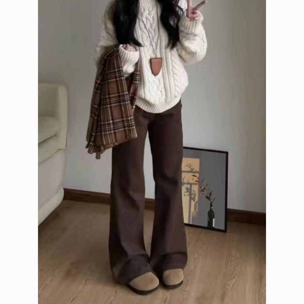 브라운 커피 색상 부츠컷 청바지 여성 작은 키 봄 가을 새로운 아니요 막대기 다리 하이웨이스트 루즈핏 슬림해 보이는 바닥 청소 와이드 레그 팬츠