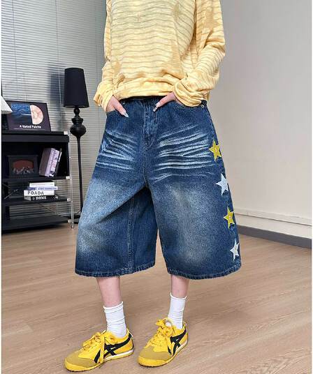 중성 학원 스타일 개성 데님 7부 바지 여성 봄 여름 새로운 워싱 다용도 루즈핏 넓은 다리 청바지 트렌디
