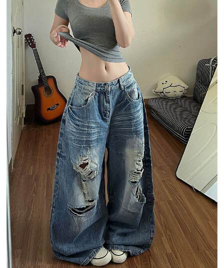 트렌드 거리 워싱 찢어진 부분 모통이 칼 청바지 바지 아이들 봄 가을 새로운 루즈핏 넓은 다리 바닥 청소 청바지