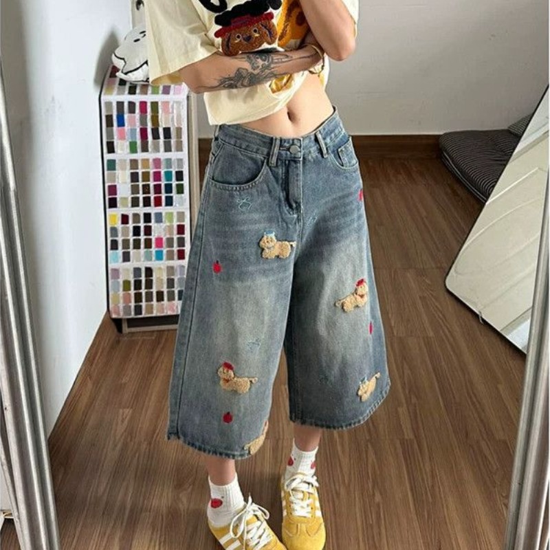재미있는 강아지 자수 7 점 스트레이트 청바지 여성 봄 여름 새로운 작은 대중 ins 스트레이트 데님 7부 바지