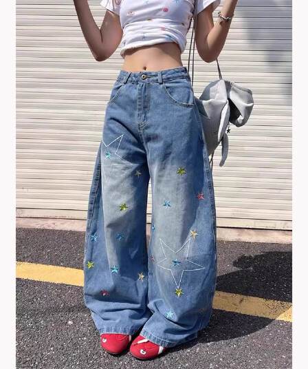 ins 별 자수 넓은 다리 청바지 여성 봄 가을 새로운 루즈핏 한국 스타일 다용도 학원 스타일 바닥 청소 청바지