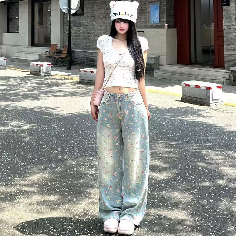 작은 대중 레트로 청바지 봄 새로운 디자인 센스 꽃무늬 하이웨이스트 루즈핏 도루 센스 슬림해 보이는 바닥 청소 와이드 레그 팬츠