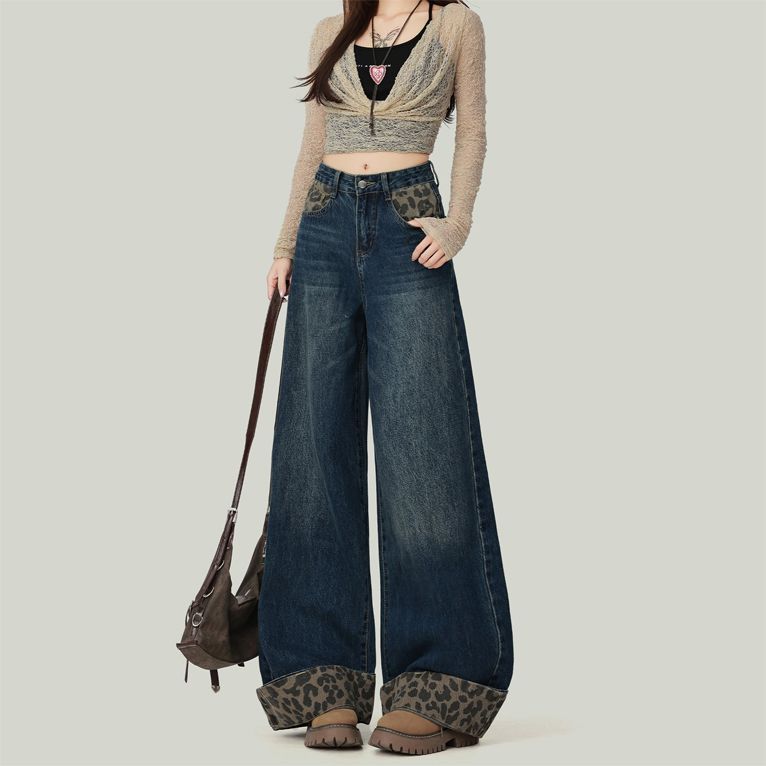아메리칸 레트로 디자인 센스 레오파드 무늬 뒤집다 측면 넓은 다리 청바지 여성 여름 새로운 하이웨이스트 루즈핏 슬림해 보이는 바닥 청소 바지