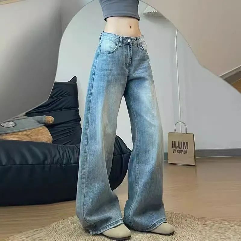 빅 사이즈 아메리칸 레트로 대나무 마디 곡물 워싱 모통이 칼 청바지 여성 디자인 센스 루즈핏 하이웨이스트 넓은 다리 바닥 청소 긴 바지