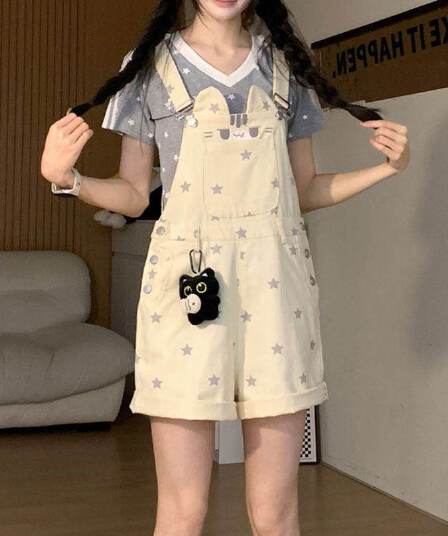 우유 달콤한 부서 새끼 고양이 별 프린트 데님 멜빵 바지 여성 봄 여름 새로운 루즈핏 연령 감소 귀여운 넓은 다리가 짧다. 바지