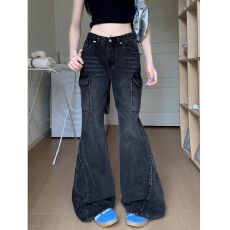 批发辣妹高腰微喇叭<b class='q'>工装</b>牛仔裤女设计口袋修身显瘦直筒休闲裤