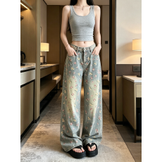 批发美式<b class='q'>碎花</b>直筒牛仔<b class='q'>裤</b>女春季2026新款高腰宽松显瘦设计感阔腿<b class='q'>裤</b>