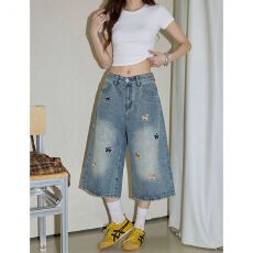 批发通勤休闲小狗刺绣七分牛仔裤女春夏季新款高街<b class='q'>时尚</b>宽松牛仔七分裤