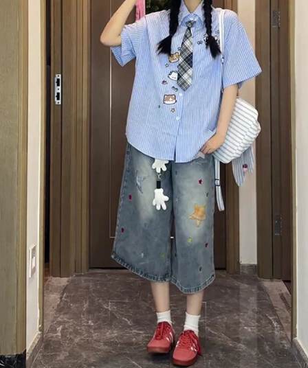 ins 별 패치 프린트 데님 7부 바지 여성 봄 여름 새로운 루즈핏 캐주얼 높음 거리 스트레이트 7부 바지