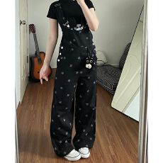 批发设计感<b class='q'>通勤</b>小猫星星印花宽松牛仔背带裤女春夏季新款个性牛仔裤子