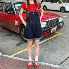 批发甜酷<b class='q'>通勤</b>简约牛仔背带短裤女春夏季新款宽松显瘦百搭直筒连体裤潮