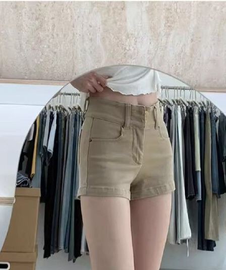 작은 키 카키 색 데님 반바지 여성 2026 여름 새로운 아메리칸 핫걸 스트레이트 슬림해 보이는 타이트 핫 바지 여성