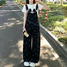 批发个性通勤小猫星星印花牛仔背带裤女春夏季新款休闲牛仔背带裤子潮