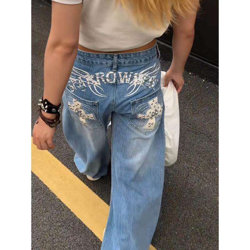높음 거리 트렌드 십자가 징 모통이 칼 청바지 여성 봄 가을 새로운 패션 넓은 다리 바닥 청소 청바지 트렌디