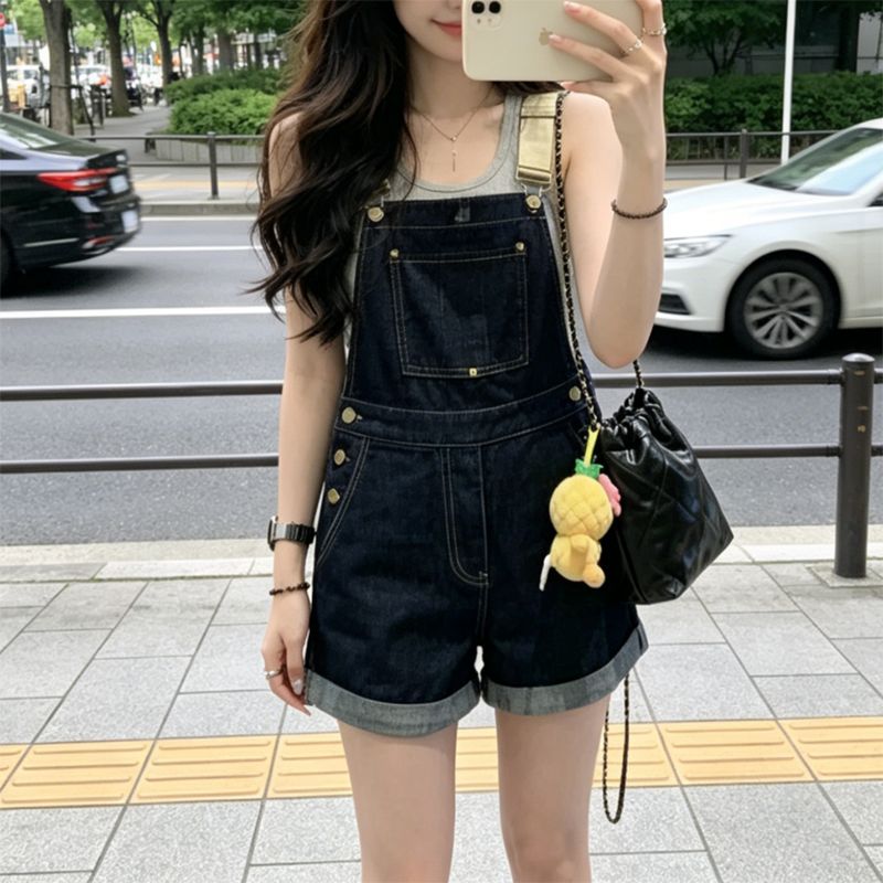 달콤한 차가운 느슨함 센스 트렌드 데님 멜빵 반바지 여성 봄 여름 새로운 루즈핏 슬림해 보이는 다용도 스트레이트 올인원 바지