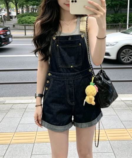 달콤한 차가운 느슨함 센스 트렌드 데님 멜빵 반바지 여성 봄 여름 새로운 루즈핏 슬림해 보이는 다용도 스트레이트 올인원 바지