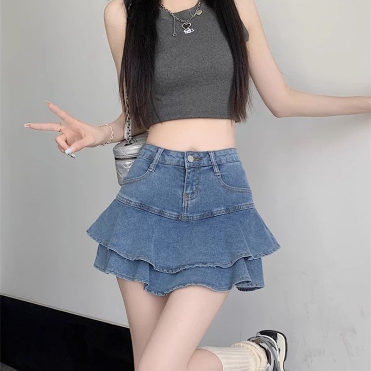 작은 키 핫걸 데님 케이크 반신 스커트 여름 새로운 하이웨이스트 디자인 인어 꼬리 미니 스커트 연꽃 잎 슬림해 보이는 치마