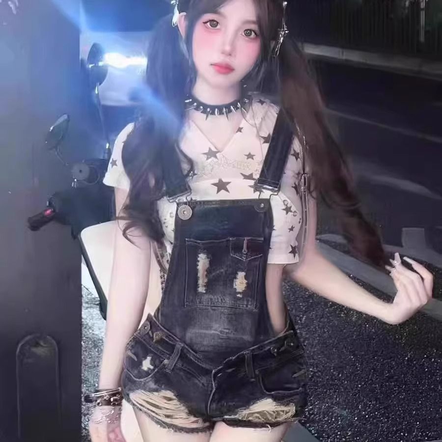 아메리칸 핫걸 레트로 워싱 찢어진 로우 웨이스트 데님 멜빵 반바지 여성 새로운 섹시함 타이트 스커트 슬림해 보이는 반바지