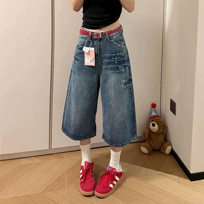 아메리칸 개성 설정 벽돌 대나무 마디 데님 7부 바지 여성 여름 새로운 워싱 다용도 루즈핏 넓은 다리 바지 트렌디