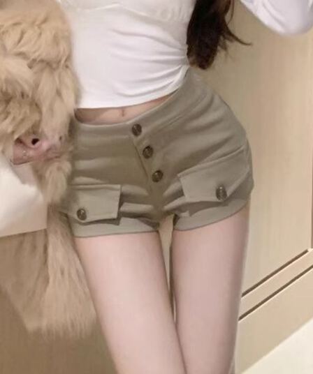 아메리칸 레트로 핫걸 카키 색 워크웨어 초단 청바지 여성 얇은 스타일 여름 새로운 슬림해 보이는 다용도 짧은 바지