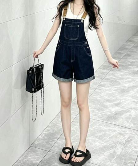 출퇴근 개성 ins 데님 멜빵 반바지 여성 봄 여름 새로운 루즈핏 슬림해 보이는 다용도 스트레이트 올인원 바지 트렌디