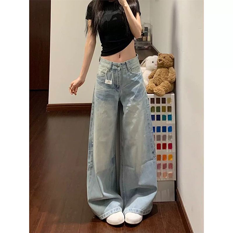 하라주쿠 스타일 느긋한 바람 스트레이트 청바지 여성 봄 가을 새로운 하이웨이스트 루즈핏 도루 센스 패션 스트레이트 청바지