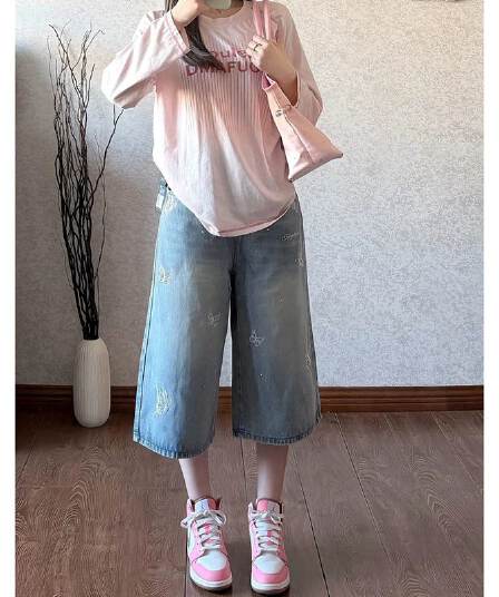 출퇴근 느긋한 바람 데님 7 점 스트레이트 팬츠 여성 봄 여름 새로운 다용도 루즈핏 7 점 스트레이트 청바지 트렌디