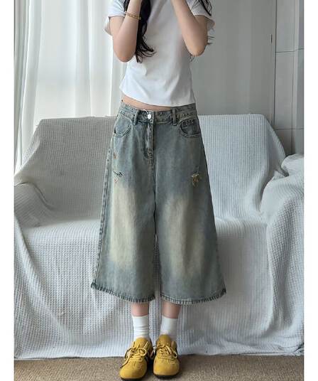 느긋한 바람 디자인 센스 별 7 점 청바지 봄 여름 새로운 루즈핏 다용도 개성 스트레이트 데님 7부 바지