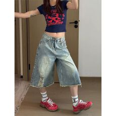 批发ins风中性个性牛仔七分裤女春夏季<b class='q'>新款</b>百搭宽松七分直筒牛仔裤潮