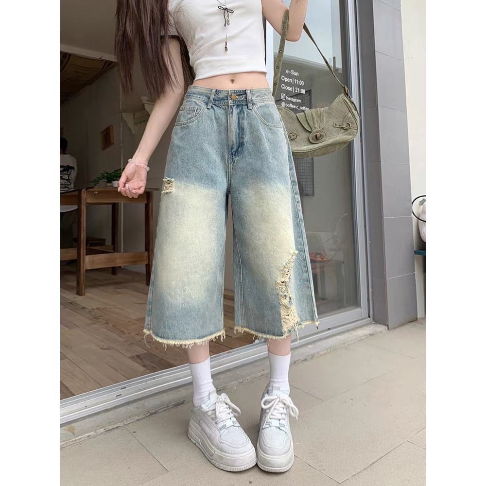 아메리칸 레트로 찢어진 부분 7부 바지 거친 가장자리 다용도 데님 디자인 여름 새로운 하이웨이스트 루즈핏 넓은 다리 슬림해 보이는