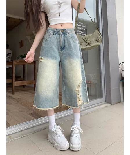 아메리칸 레트로 찢어진 부분 7부 바지 거친 가장자리 다용도 데님 디자인 여름 새로운 하이웨이스트 루즈핏 넓은 다리 슬림해 보이는